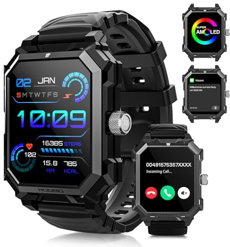 Rogbid Smartwatch, Herren Unterstützt Bluetooth-Telefonie/Chat 1,96-Zoll-Zifferblatt IP69k Wasserdicht über 100 Sportmodi Fitness Tracker Schrittzähler Schlafüberwachung Kompatibel mit Android und IOS