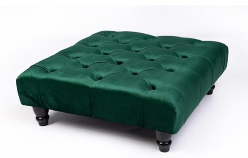Kiswa collection Chesterfield Footstool - Plush Velvet Upholstered Pouffe with Wood Legs, Elegant Coffee Table Footrest, Matching Buttons, Stylish Home Decor (Green, 25D x 60W x 60H cm)