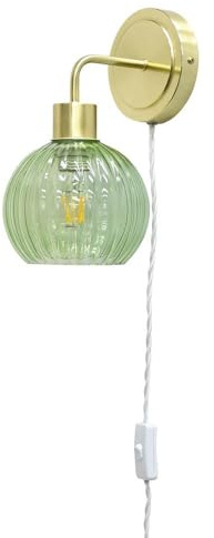Toby - Satin Brass Plug in Wall Light with Betchley Green Ribbed Shade