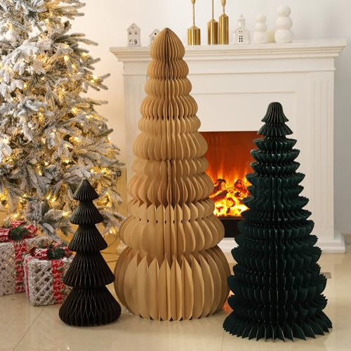 AmazingSpark 3-teilige große Waben-Weihnachtsbäume – 1,2 m, 91 cm, 60 cm, Papier-Weihnachts-Falt-3D-Heimdekorationsset mit magnetischem Design für Winterferien, festliches Partyzubehör (Beige, Grün