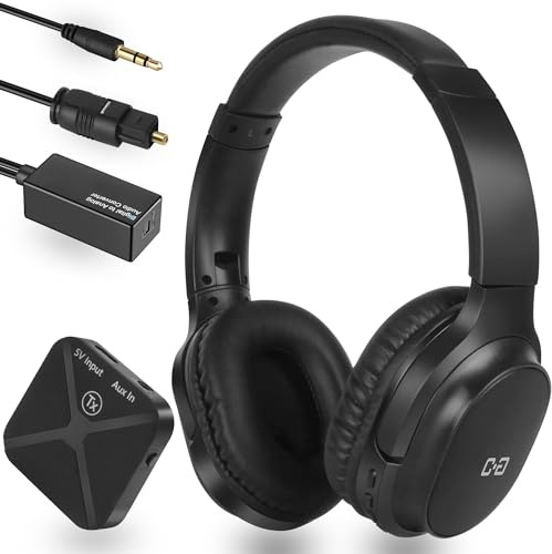 Kabellose Kopfhörer zum Fernsehen, TV-Headset für Senioren, optischer & 3,5-mm-Verbindungssender, Plug-n-Play, 30,5 m Reichweite, 48 Stunden Spielzeit, keine Verzögerung, 2,4 G RF, einfache