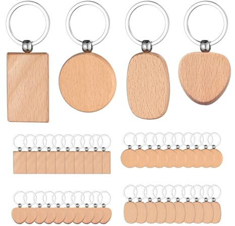 40 Pcs Wood Keychains, Wood Blank Keyrings 4 Shape Unfinished Wooden Key Tag for DIY Crafts Engraving Party Fillers