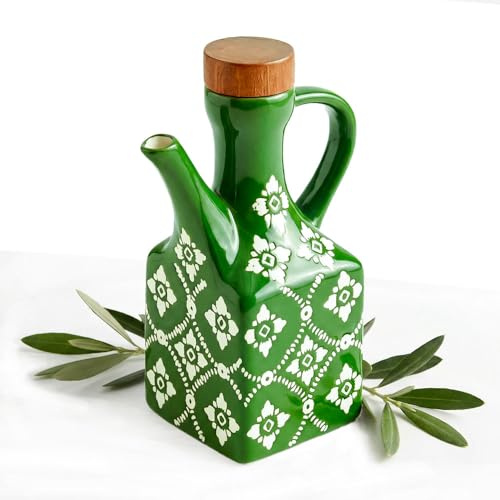 Bottiglia dispenser per olio d'oliva in ceramica verde, 250 ml, decanter per cucina con manico e tappo in legno, set dispenser decorativo per olio e aceto, contenitore per olio da cucina, ampolla per
