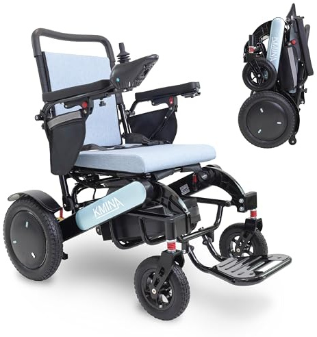 KMINA Elektrischer Rollstuhl Faltbar Leicht, 2×350 W, 24 V 30 Ah, bis 8 km/h, 136 kg, 12 Luftreifen, elektromagnetische Bremse, Joystick, Grau (Blau)