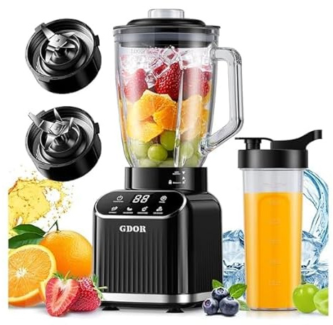 GDOR Professional Standmixer Glas 1200W Smoothie Maker 5 Programme Blender 1,5L Glasbehälter&700ml To-Go Becher Kombi Hochleistungsmixer für Smoothies Shake Eiscrushen Gefrorenes Obst Selbstreinigend