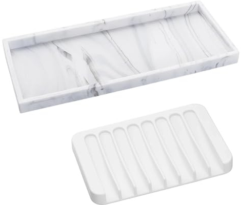 2-Piece Marble Tray, Vanity Tray, Bathroom Tray with White Ceramic Drainage Box, 22 x 12 cm Bathroom Countertop Organiser for Perfume Tray, Jewelry and Kitchen Soap Tray