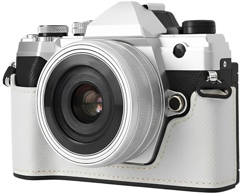 Sagreeny Protective Camera Case Compatible with Olympus OM-5/Olympus OM-D E-M5 Mark III Camera Case,PU Leather Half Case with Adjustable Shoulder Strap (White)
