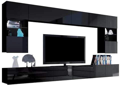Mirjan24 Moderne Wohnwand Calabrini I, Anbauwand, Mediawand, Hängevitrine, TV Lowboard, Wandregal, Wohnzimmerschrank, Fernsehschrank (ohne Beleuchtung, Schwarz/Schwarz Hochglanz)