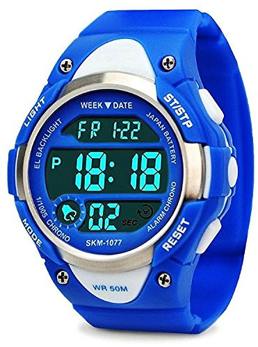 Montre digitale style sport pour enfants, rétroéclairée LED, avec alarme et chronomètre, étanche, idéale pour les activités de plein air, Bleu