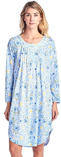 Casual Nights Damen Nachthemd Rundhals Langarm Spitze Floral - Blau - XX-Large