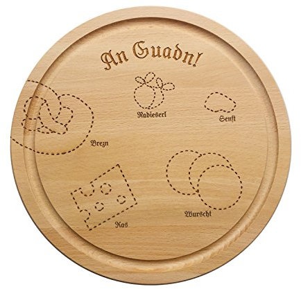 SNEG-DE Brotzeitbrett rund mit bayrischem Motiv (Vesperteller) | Guadn | urig | bayrisch | bayerisch | Brotzeitteller | persönliche Gravur möglich (Motiv mit Text An Guadn!)