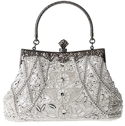 GUOZI Women's Vintage Floral Beaded Clutch Exquisite Handmade Embroidery Wedding Party Prom Bag Fashion Beaded Sequin Crossbody Evening Handbag (A - Silver)
