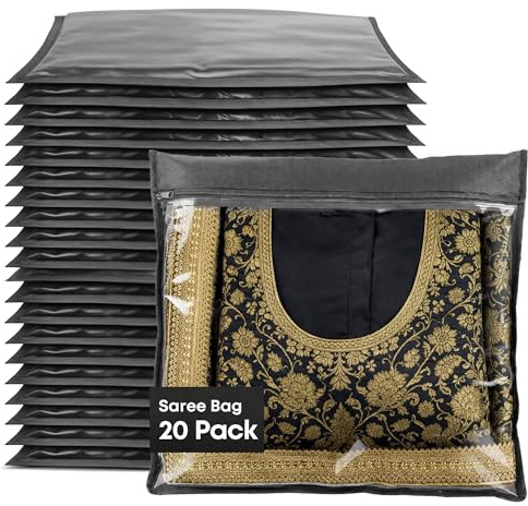 Fineway 20 Pack Saree Storage Bags with Zip – Space saving Clear Zip Bag, Clothes Bag Organiser for Sarees, Dresses & Clothes – Moisture-Resistant Saree Bags Clothing Storage (Grey, 42x35cm)