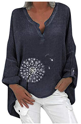 UJUNAOR Damen Lässiges Leinen Bluse Damen Top aus Baumwolle und Leinen mit Blumendruck Oberteile Urlaub Bekleidung