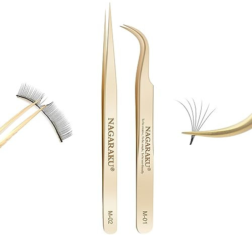 NAGARAKU Pinces à Cils 1 Paire de Pinces Professionnelles Acier Inoxydable Pointes Droites Et Courbées Conception Légère Pour Des Extensions De Cils Volumineuses Et En Éventail Faciles (M-02 & M-01)