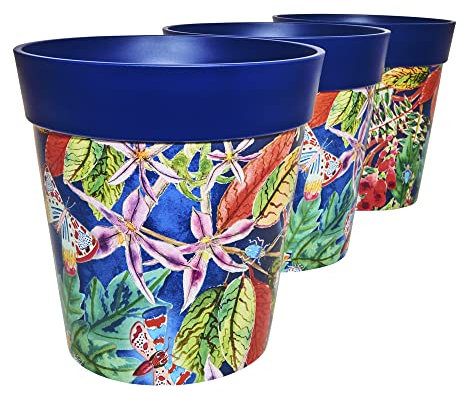Hum Flowerpots, Set di Tre Vasi per Piante da 22 cm, Vari Modelli, Colori e Dimensioni, per Interni ed Esterni, Foglie e Farfalle Blu