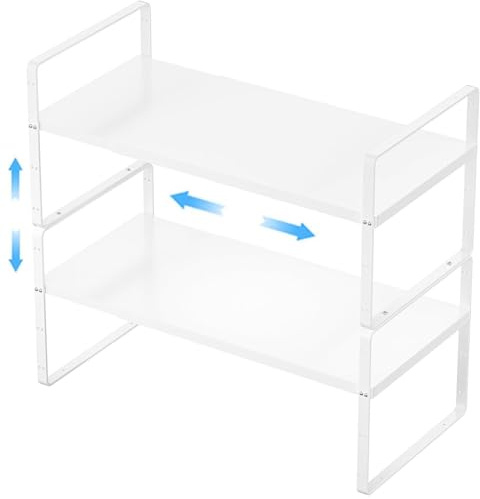 GEDLIRE Erweiterbarer Schrankregal Küchenregal Organizer, stapelbarer Metall Gewürzregal Regaleinsatz Schrank-Organizer Regal, Küche Aufbewahrung Lagerregal für Zuhause, Speisekammer, 2er Set, Weiß
