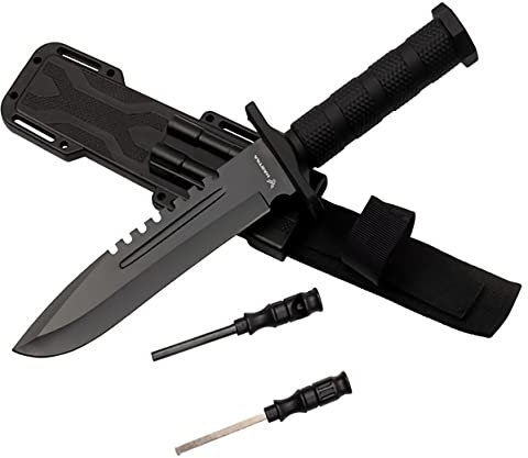 HASTAA Outdoor Messer Survival mit Scheide, Messerschärfer - Survival Messer mit Feuerstahl - Camping Messer - Bushcraft Messer Feststehende Klinge