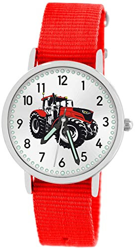 Pacific Time Kinder Armbanduhr Jungen Traktor für Kinder rot Trecker Kinderuhr Auto Car Textilarmband Leuchtzeiger Analog Quarz 87674