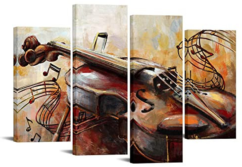 sechars 4 Panel Vintage Musik Wandkunst abstrakte Violine Malerei Leinwanddrucke rustikale Musikinstrument Kunstwerk für Zuhause Wohnzimmer Schlafzimmer Musik Klassenzimmer Dekoration fertig zum