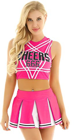 MSemis Damen Cheerleading Kostüm Cheer Leader Uniform Karneval Fasching Party Halloween Kostüm Kleid Minirock mit Crop Top A Hot Pink S