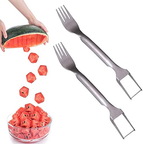 2 in 1 Wassermelone Gabel Slicer Cutter, 2 Stück Neue Edelstahl Wassermelone Cutter Slicer Tool Schnell Sicher Würfel Wassermelone Messer, Obstschneider Salat Melone Messer für Küche Gadget Partys