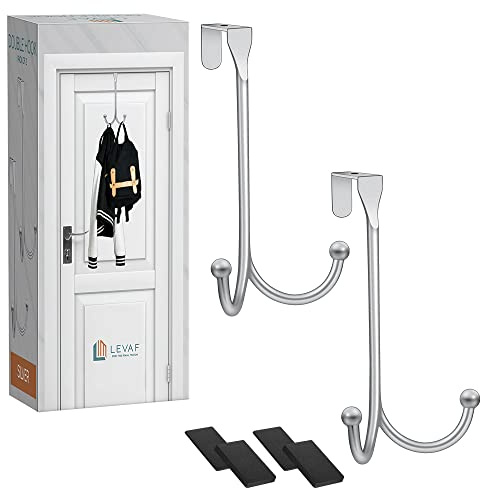 2 Stück Türhaken – mit 2 Aufhängeköpfen und eng anliegenden Pads, robuster Haken zum Aufhängen von Mänteln, Handtüchern, Kappen und Kranz, elegante, matte Oberfläche, ohne Bohren, Organizer – Silber