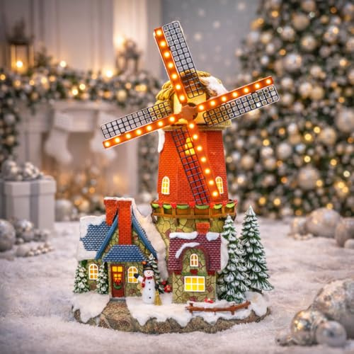 MOMENTS IN TIME Lighted Windmill Christmas Village Building LED Lights & Animation 12.2” Handcrafted House Battery Operated Holiday Decoration Gift Wrapped Ready