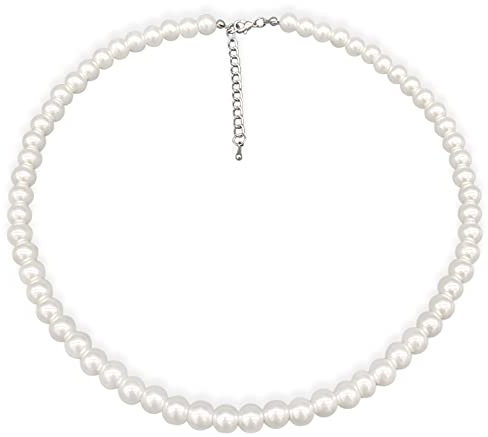 LIHELEI Perlenkette, 6mm Pearl Necklace, Silber Imitation Perle Halskette Damen, Pearl Orb Choker, Perlenkette für Herren, Hochzeit Braut Schmuck Accessoires -38cm Länge