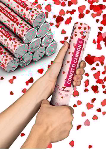 Partyjoker 10 Konfettikanonen mit Herzen Rot - Biologisch abbaubaresFSC® Konfetti - Einfach & Sicher zu Bedienen - 5-8 Meter Konfettistrahl