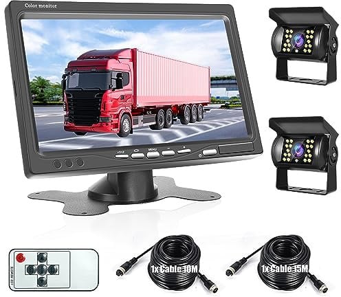 Camera de Recul pour Voiture 2 Caméras avec Moniteur LCD 7 Pouces, Caméra de Recul IR Vision de Nuit étanche IP68 avec 15M+10M Câble, pour Camping Car/Camion/RV/Remorques/Agricole/Motorhome 12V-24V