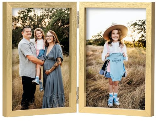 Double Photo Frame 5x7 Hinged Folding Wood Picture Frame with Glass Front Stand Vertical on Desktop Gold