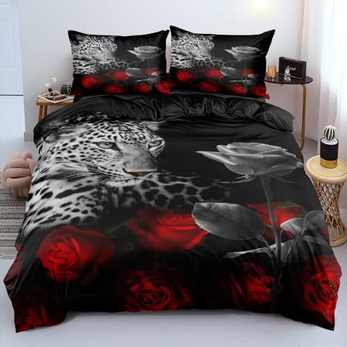 DXHOME Leopard Bettwäsche 135x200 Tiermotiv Rot Rosen Blumenmotiv Bettwäsche Weich Mikrofaser Wendebettwäsche 2 teilig für Jungen Kinder Einzelbett mit Reißverschluss und Kissenbezug 80x80 cm