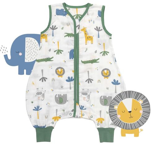 Slumbersac gigoteuse à pieds été pour bébé 0.5 Tog 70 cm en mousseline de bambou, douce et légère, Jungle | Turbulette été non rembourrée avec ouvertures aux jambes, taille 70-80 cm