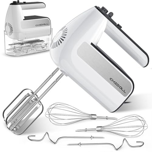Batidora de mano eléctrica de 5 velocidades, batidora de mano de 800 W con turbo para hornear y cocinar, mezclador de alimentos de cocina con caja de almacenamiento y 5 accesorios de acero inoxidable