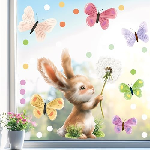 Sunnywall Fensterbild Fensterdeko Hase Pusteblume Schmetterlinge Fensteraufkleber statisch selbstklebend beidseitiger Druck Aufkleber Fenstersticker WIEDERVERWENDBAR A4