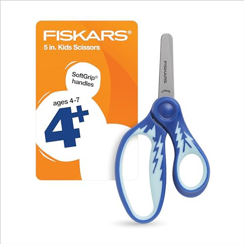 Fiskars SoftGrip Schere mit stumpfer Spitze für Kinder im Alter von 4–7 Jahren, Schere für Schule oder Basteln, Schulbedarf, blauer Blitz, 12,7 cm