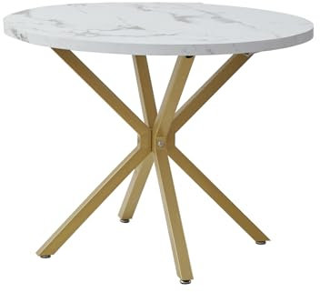 TTATC Table de Salle à Manger Ronde avec Plateau en MDF épais (Imitation Marbre), Table de Salle à Manger de Cuisine avec Quatre Pieds en Métal, Bureau de 100 cm Suffisant pour 4 à 6 Personnes,Doré