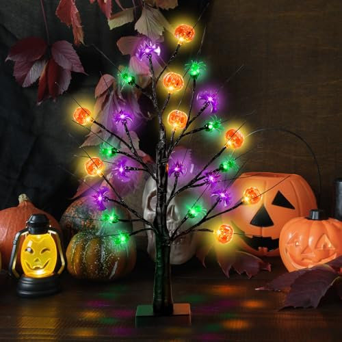 Albero di Halloween, Altezza 60 cm Addobbi Albero Nero Halloween con Luci di Ragno Pipistrello Zucca Albero a LED con Luci Decorazioni da Tavolo per Interni per la Festa di Halloween