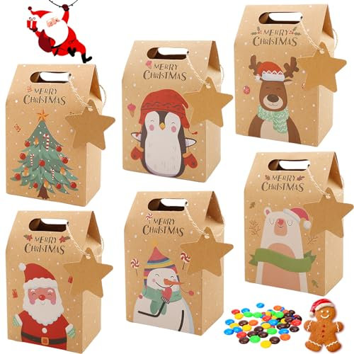 Geschenktüten Weihnachten,24 Stück Kraftpapiertüten Weihnachten in 6 Designs mit Weihnachten Etikett Kraftpapier Tüten Geschenkbox für Kekse, Süßigkeiten & Leckereien Geschenken Geschenkbox