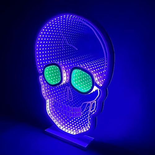 Elumina Decor - Totenkopf-Unendlichkeits-Spiegelleuchte mit Ständer, LED-beleuchtete Halloween-Dekoration, USB-betrieben, gruseliger Totenkopf, 3D-LED-Unendlichkeitslicht, saisonale Dekoration für