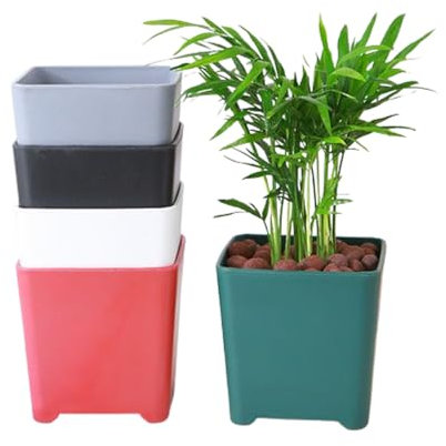 IOEDHW Paquete de 4 maceteros de resina, macetas cuadradas para suculentas, cerámica de imitación duradera y espesa, cuatro macetas cuadradas de plástico, macetas de resina para interiores y exteriore