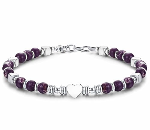 CASSIECA Boho Armband Damen Natürliches Steine Armbänder für Frauen 316L Edelstahl Herz Armband Einstellbare Amethyst Armband Weihnachten Geburtstag Geschenke Frauen Schmuck mit Geschenk-Box