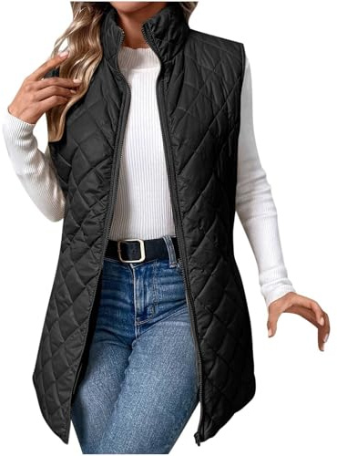 Women's Longline Puffer Gilet Lightweight Quilted Gilet Full Zip Stand Collar Thermal Padded Vest Comfy Casual Longline Puffer Gilets Sleeveless Jacket Ladies Body Warmers