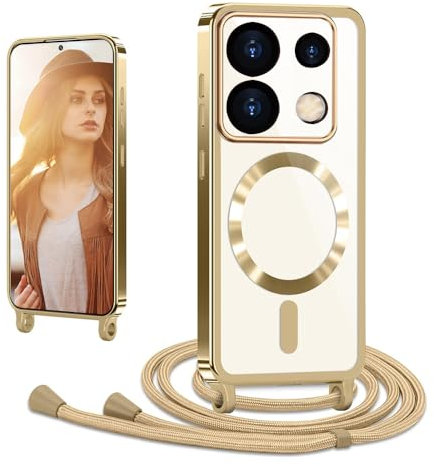 CaseLover Coque avec Cordon Compatible avec Xiaomi Poco X6 5G/Redmi Note 13 Pro 5G, Coque Magnétique de Cellulaire Corde Transparent TPU Étui en Galvanisé avec Collier Chaîne Lanyard Housse, Or