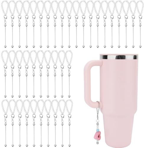 40pcs Beaded Cup Charms Compatible with Stanley Charm Accessories for Tumblers with Handle Cup, Silver Beadable Bar Chain Blank Beaded Bottle Accessories DIY Gift Pendant, 12.5cm, ferroalloy, No