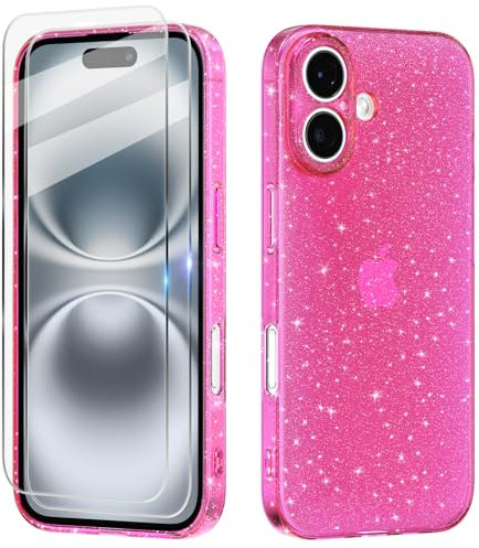 Cover Compatibile con iPhone 16 Plus Custodia Glitter, 2 Pezzi Pellicola Protettiva in Vetro Temperato, Brillantini Custodia Morbido TPU Protezione Trasparente Antiurto Case - Rosa Caldo