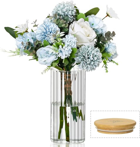 Anquephd Mini vase en verre de 20 cm avec bouchon en bois – Cristal – Structure intérieure pour fleurs – Décoration de table pour mariage, anniversaire, baby shower – Vase transparent et bouchon en
