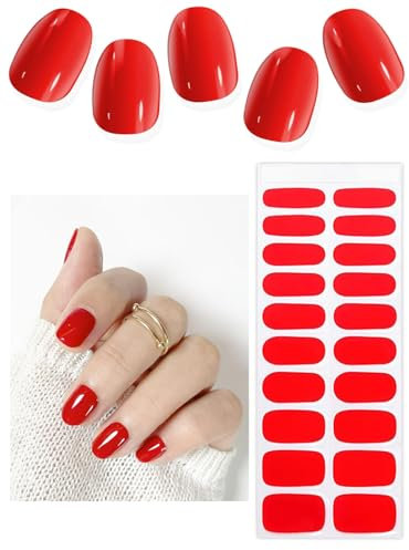 TOROKOM Semi Cured Gel Nail Strips, 20PCS UV Gel Stickers Transparent Wraps for Home Manicure DIY Salon-Quality Nail Strips with File Tool, UV Light Required (Red)