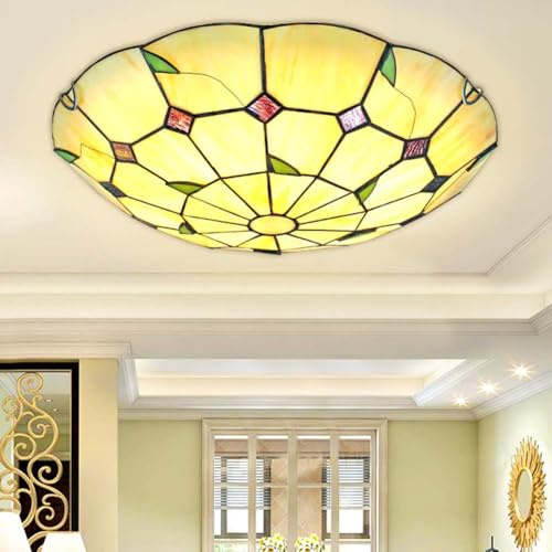 LOGT Retro Deckenlampe Tiffany Glas Vintage Deckenleuchte Runde Barock Decken Leuchte Innen Dekorative Beleuchtung Lampe Skandinavischer Stil Decken Lampe Mediterrane Glas Lampenschirm,40CM